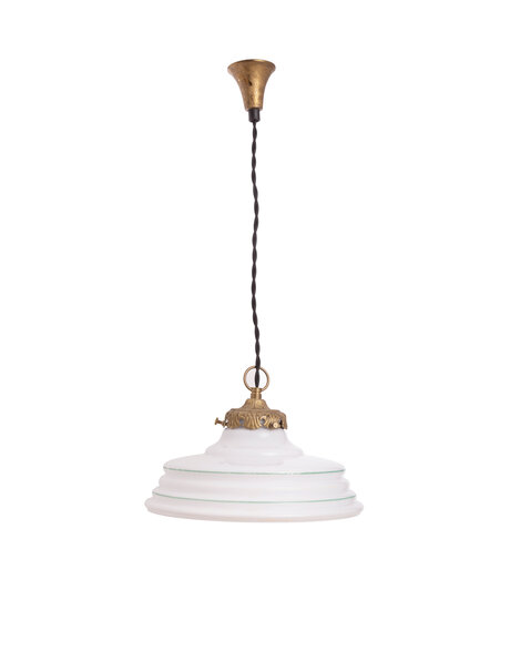Flat white glass pendant lamp, green rings