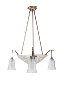 Art Deco Hanglamp, Mat Glas Schaal met 3 Armen