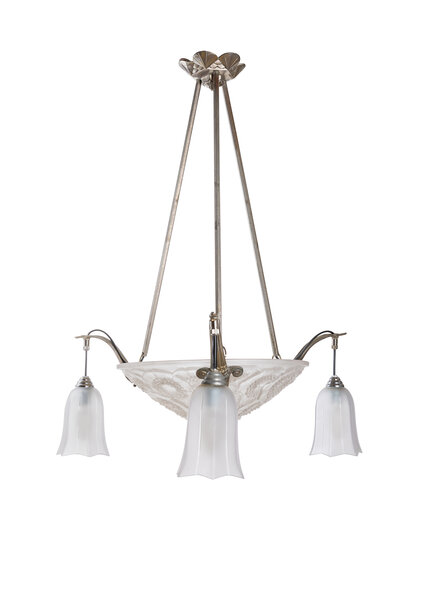 Art Deco Hanglamp, Mat Glas Schaal met 3 Armen