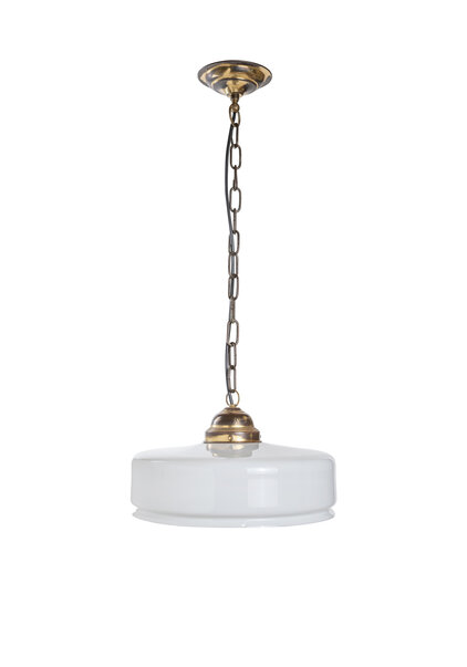 White Glass Hanging Lamp on Chain, 1940s