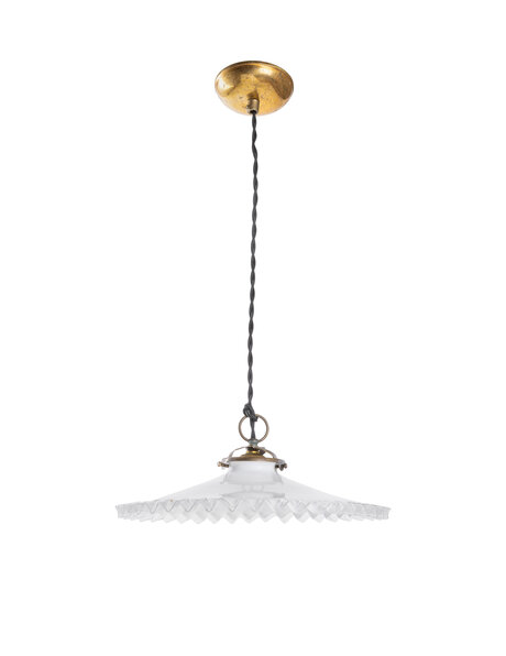 White glass hanging lamp with serrations on the edge