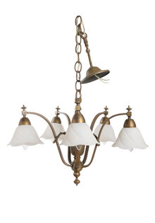 Klassieke Hanglamp, 5 Wit-Rood Gespikkelde Lampenkapjes