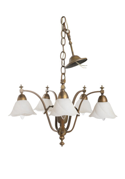 Classic Hanging Lamp, 5 White-Red Speckled Lampshades