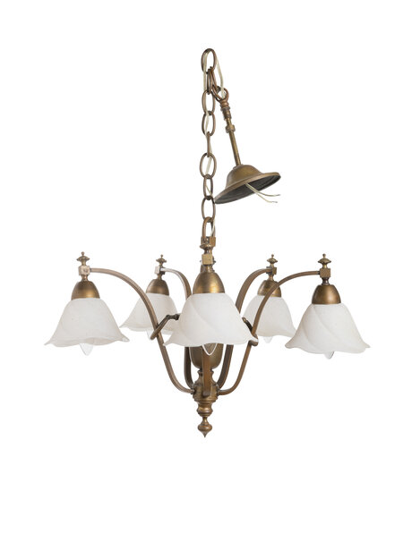 Messing hanglamp, 5 armen met glazen kapjes
