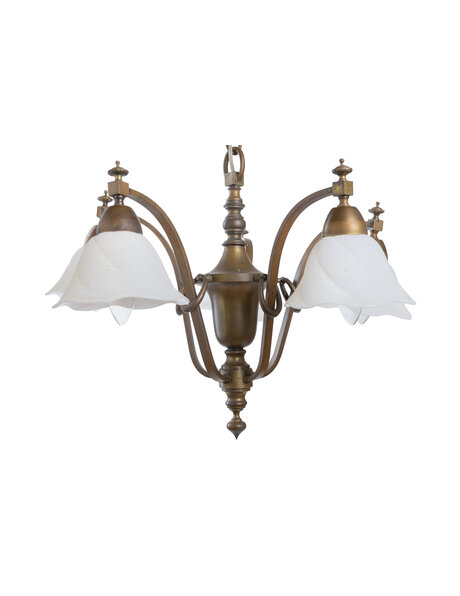 Brass hanging lamp, 5 arms with glass shades