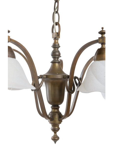 Brass hanging lamp, 5 arms with glass shades