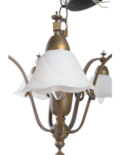 Brass hanging lamp, 5 arms with glass shades