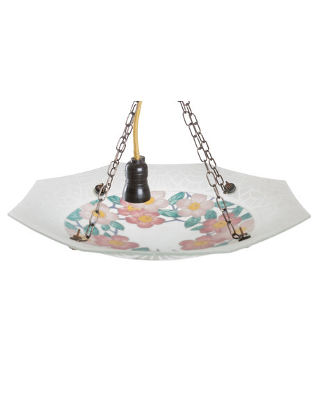 Hanglamp, glazen schaal aan koord, gesigneerd L. Luca