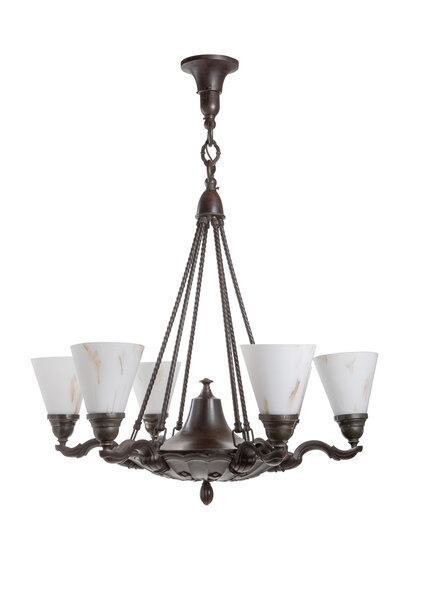 Grote Antieke Hanglamp, Wit Glazen Kappen