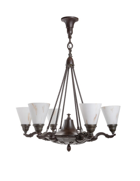 Large hanging lamp, browned, 6 glass shades