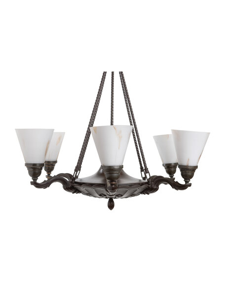 Large hanging lamp, browned, 6 glass shades