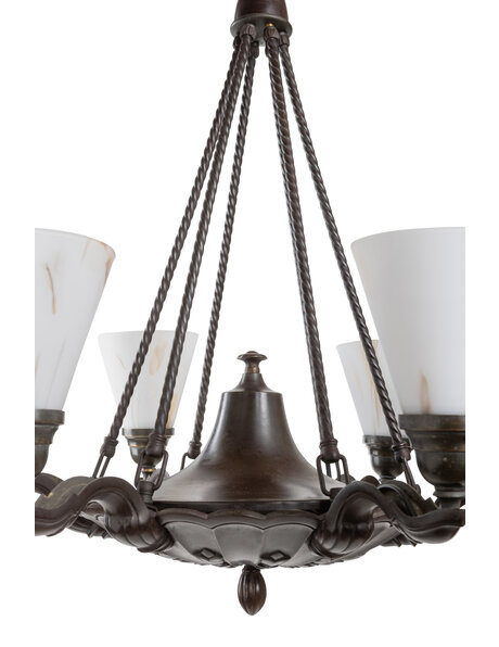 Large hanging lamp, browned, 6 glass shades