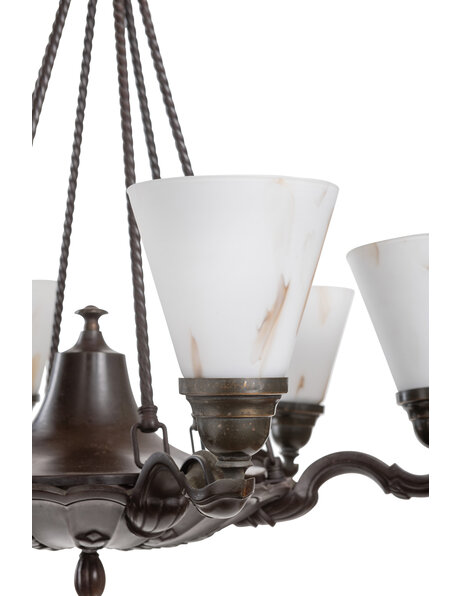 Grote hanglamp, gebruineerd, 6 glazen kapjes