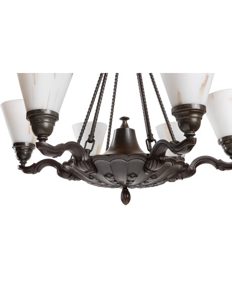 Large hanging lamp, browned, 6 glass shades