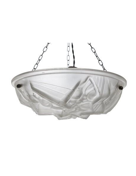 Art Deco hanging lamp, frosted glass bowl on chains