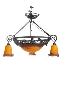 Degue Hanglamp, Oranje Paars Glas, Jaren 30
