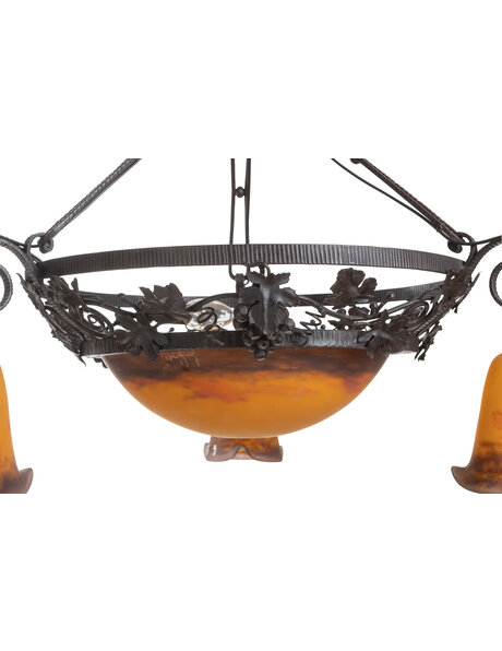 1930s hanging lamp, orange purple glass in wrought iron