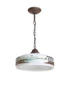 Hanging Lamp, Antique kitchen hood, opal glass with Landscape