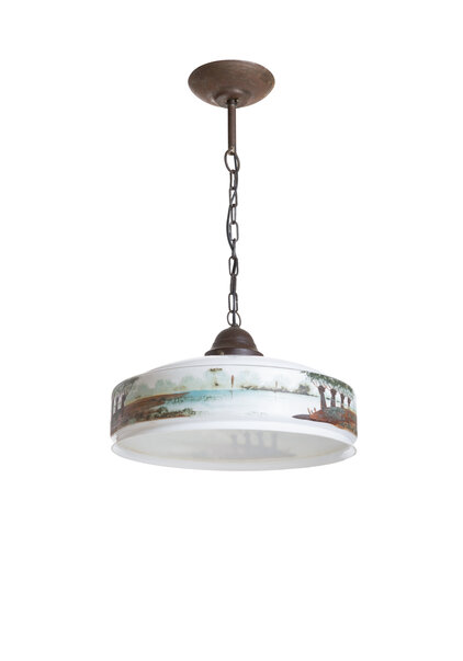 Hanglamp, Antiek Keukenkapje, Opaalglas met Landschap