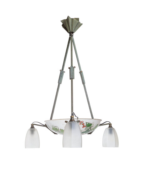 Jaren 30 hanglamp, matglas en bloemen