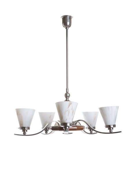 1950s hanging lamp, six arms with glass shades