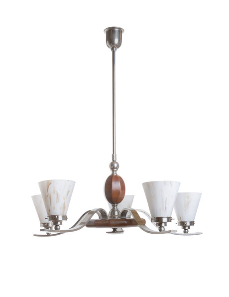 1950s hanging lamp, six arms with glass shades