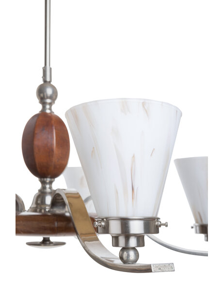 Jaren 50 hanglamp, zes armen met glazen kapjes