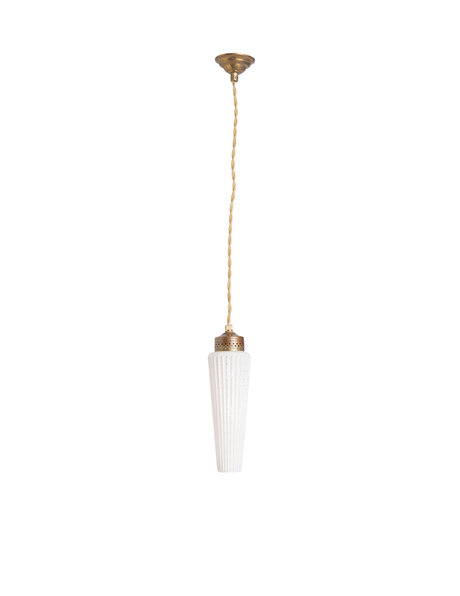 Small hanging lamp, narrow white glass shade on cord