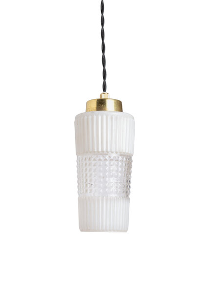 Small Hanging Lamp, Glass Cylinder, Vintage, White and Clear Glass