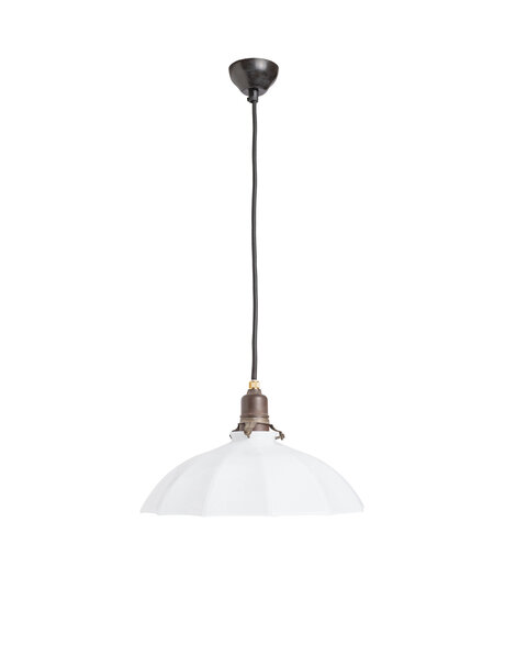 Old hanging lamp, white glass shade on cord, ca. 1940