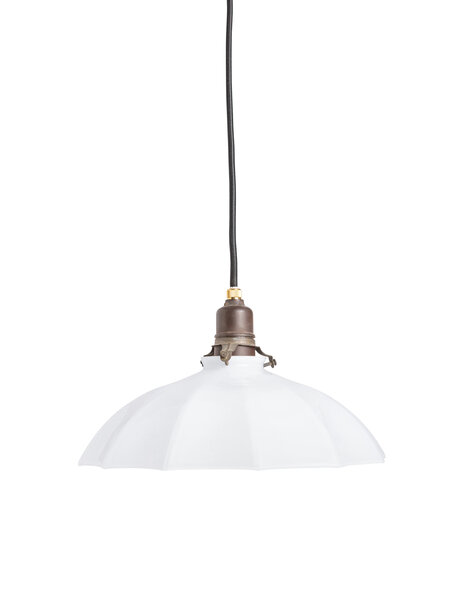 Old hanging lamp, white glass shade on cord, ca. 1940