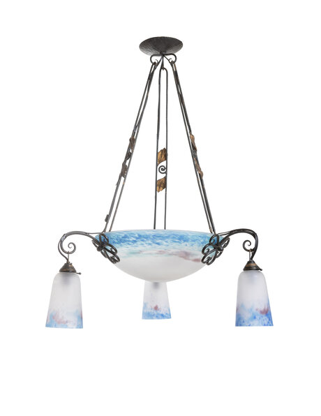 Jaren 30 hanglamp, blauw-wit glas, Frans