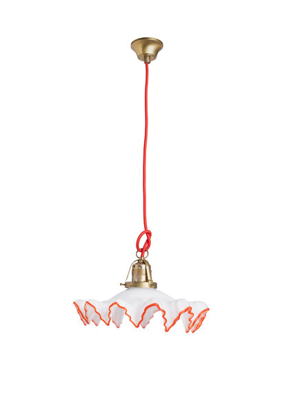 Glazen Hanglamp, Wit met Rood, Gekarteld