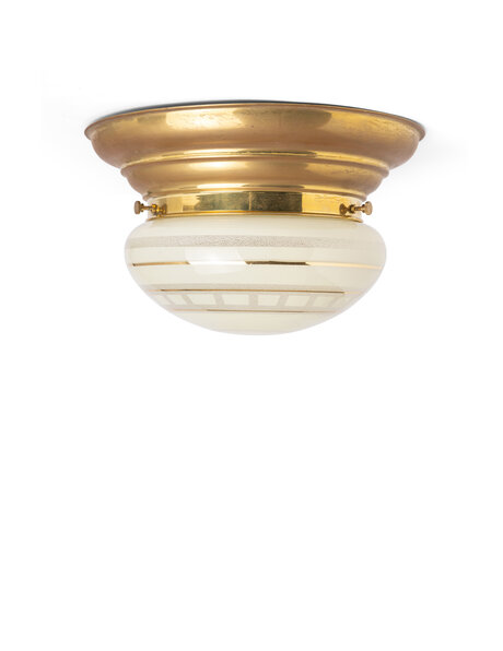 Oude plafondlamp, licht geel glas en messing