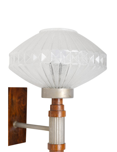 Jaren 50 wandlamp, hout, glas en metaal