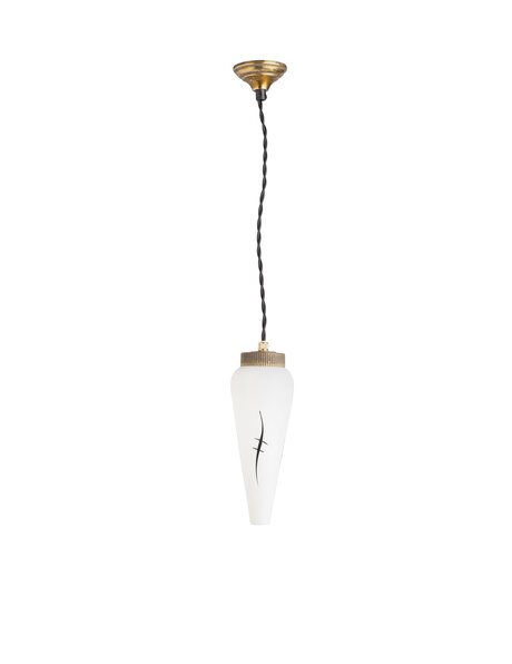 Kleine vintage hanglamp, wit glas, zwart snoer