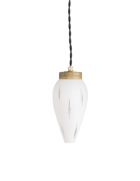 Klein retro hanglampje, wit glas met zwart streepje