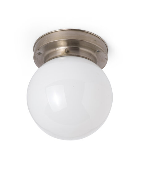 White ceiling lamp, glass ball on stepped fixture