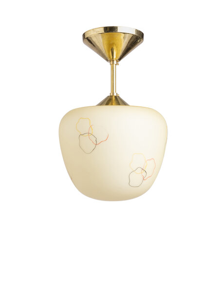 Licht gele hanglamp, dichtbij plafond, jaren 50