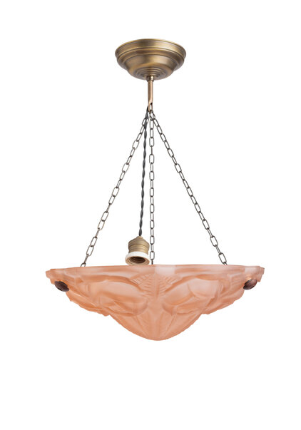 Pink Art Deco Hanging Lamp on Three Chains, 1930s