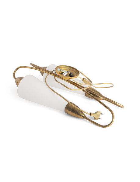 Beautiful vintage wall lamp, brass and white glass