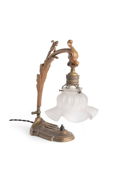 1930s Table lamp, brown brass and frosted glass