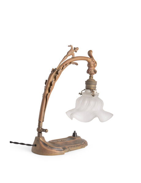 Jaren 30 Tafellamp, bruin messing en matglas