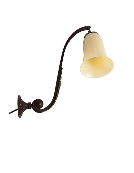 Old wall lamp, brown brass fixture, light yellow glass