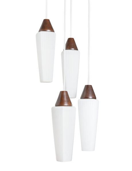 Vintage hanglamp, hout, metaal en wit glas