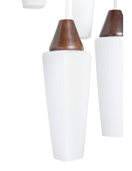 Vintage pendant lamp, wood, metal and white glass