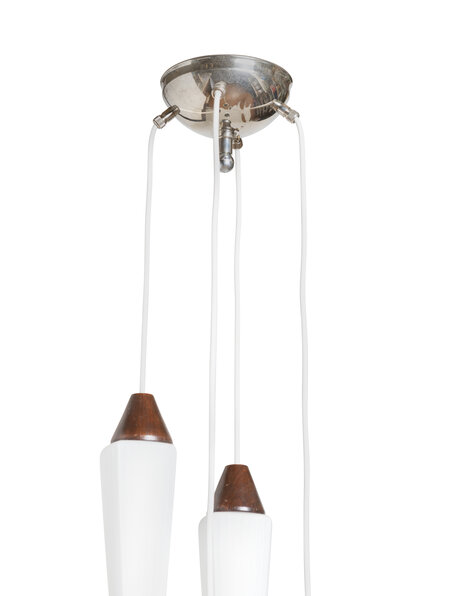 Vintage hanglamp, hout, metaal en wit glas