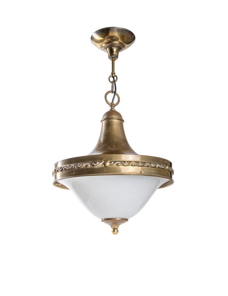 Glass hanging lamp, copper over white glass shade, 1930s