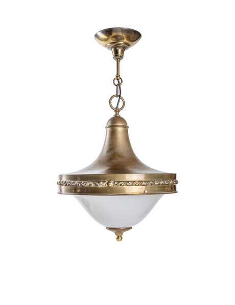 Glass hanging lamp, copper over white glass shade, 1930s