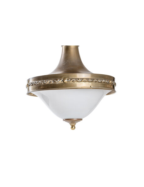 Hanglamp glas, koperen houder over wit glazen kap, ca. 1930